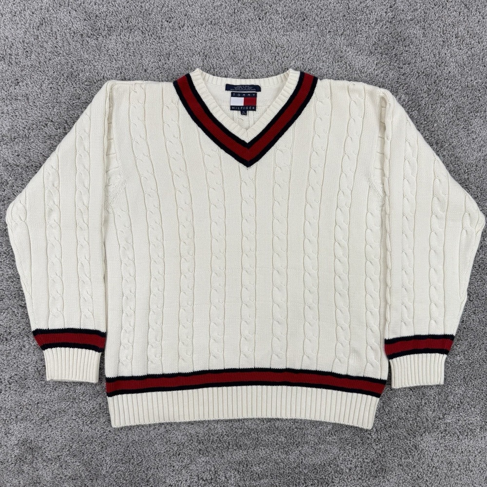 Vintage Tommy Hilfiger Sweater Men XL Tennis Cricket Cable-Knit Chunky Fisherman